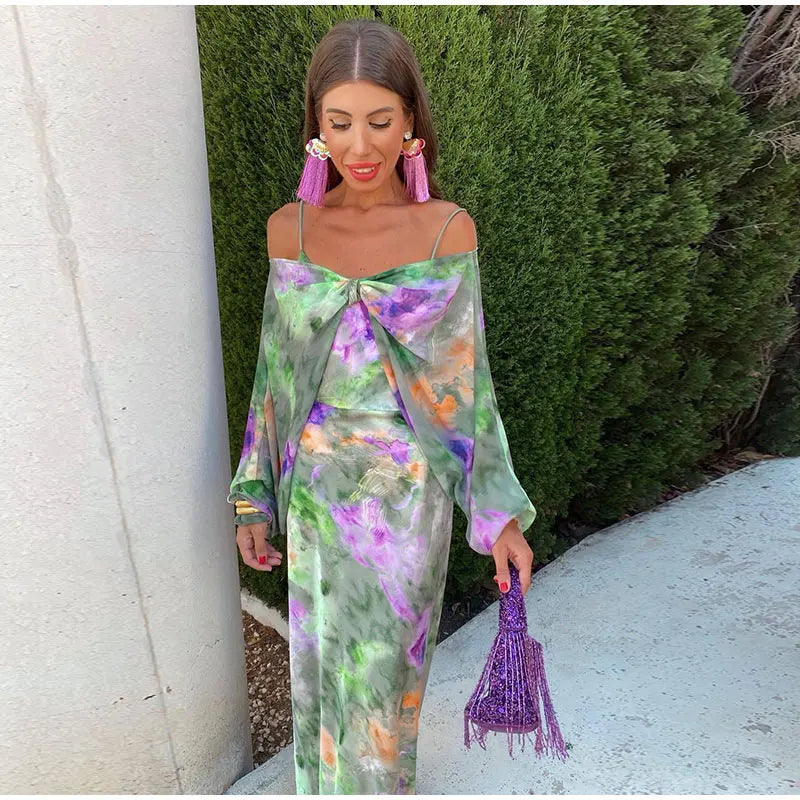 Ginette | Robe Longue Élégante – Imprimé Coloré Et Épaules Dénudées